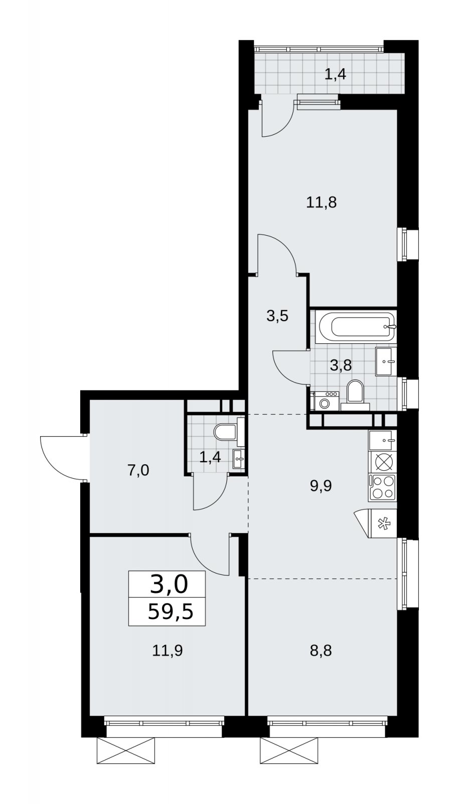 3-комнатная квартира (евро) с частичной отделкой, 59.5 м2, 11 этаж, сдача 2 квартал 2026 г., ЖК Прокшино, корпус 10.1.5 - объявление 2227881 - фото №1