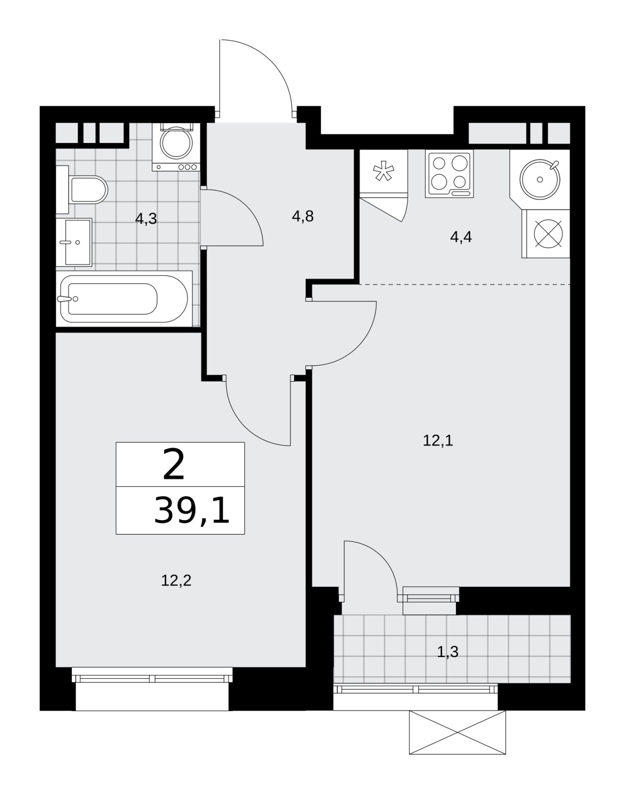2-комнатная квартира (евро) без отделки, 39.1 м2, 8 этаж, сдача 4 квартал 2025 г., ЖК Бунинские кварталы, корпус 6.4 - объявление 2252701 - фото №1