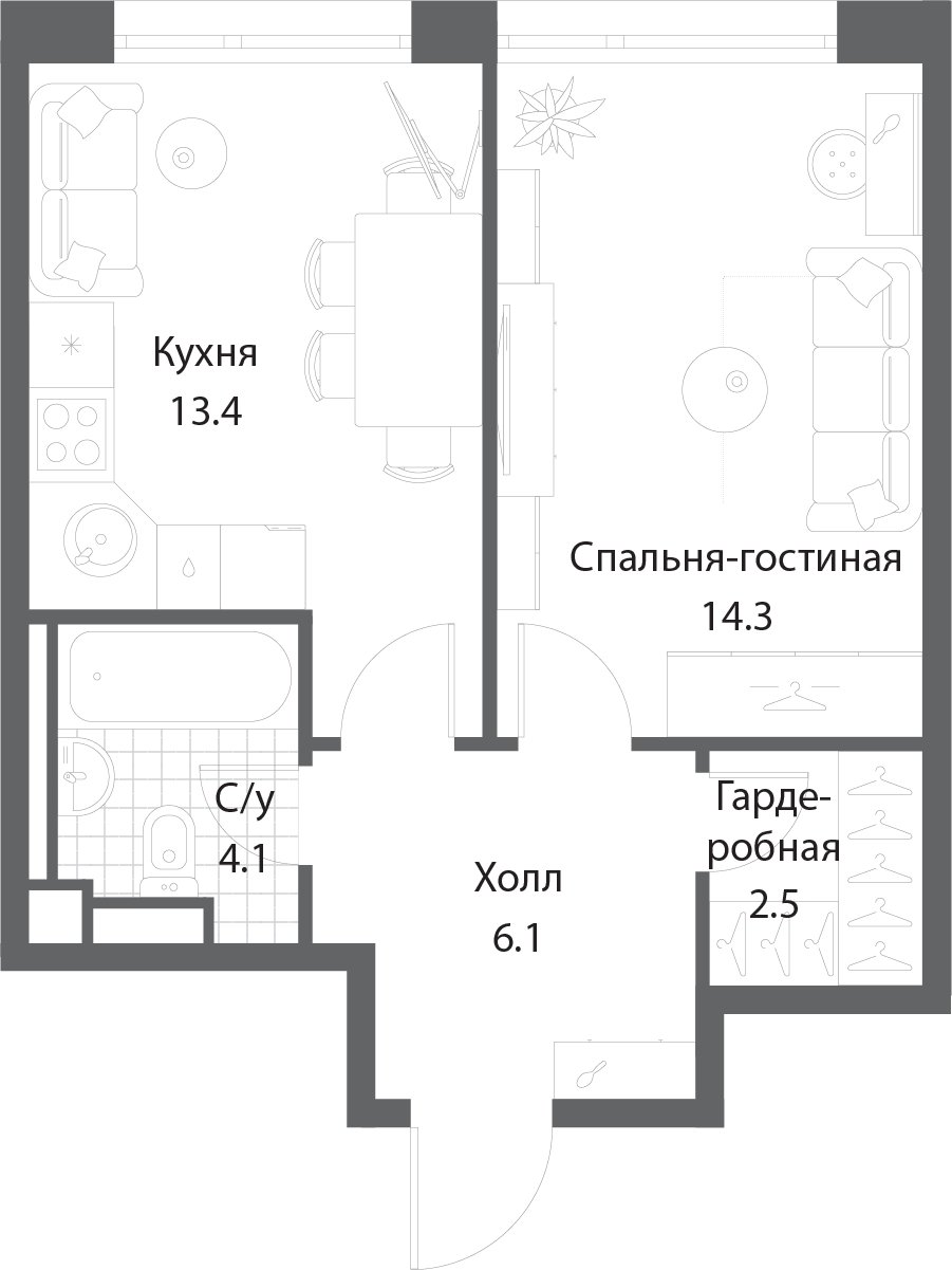 1-комнатная квартира без отделки, 40.3 м2, 25 этаж, сдача 3 квартал 2025 г., ЖК Nagatino i-Land, корпус 2 (3 очередь) - объявление 1981048 - фото №1