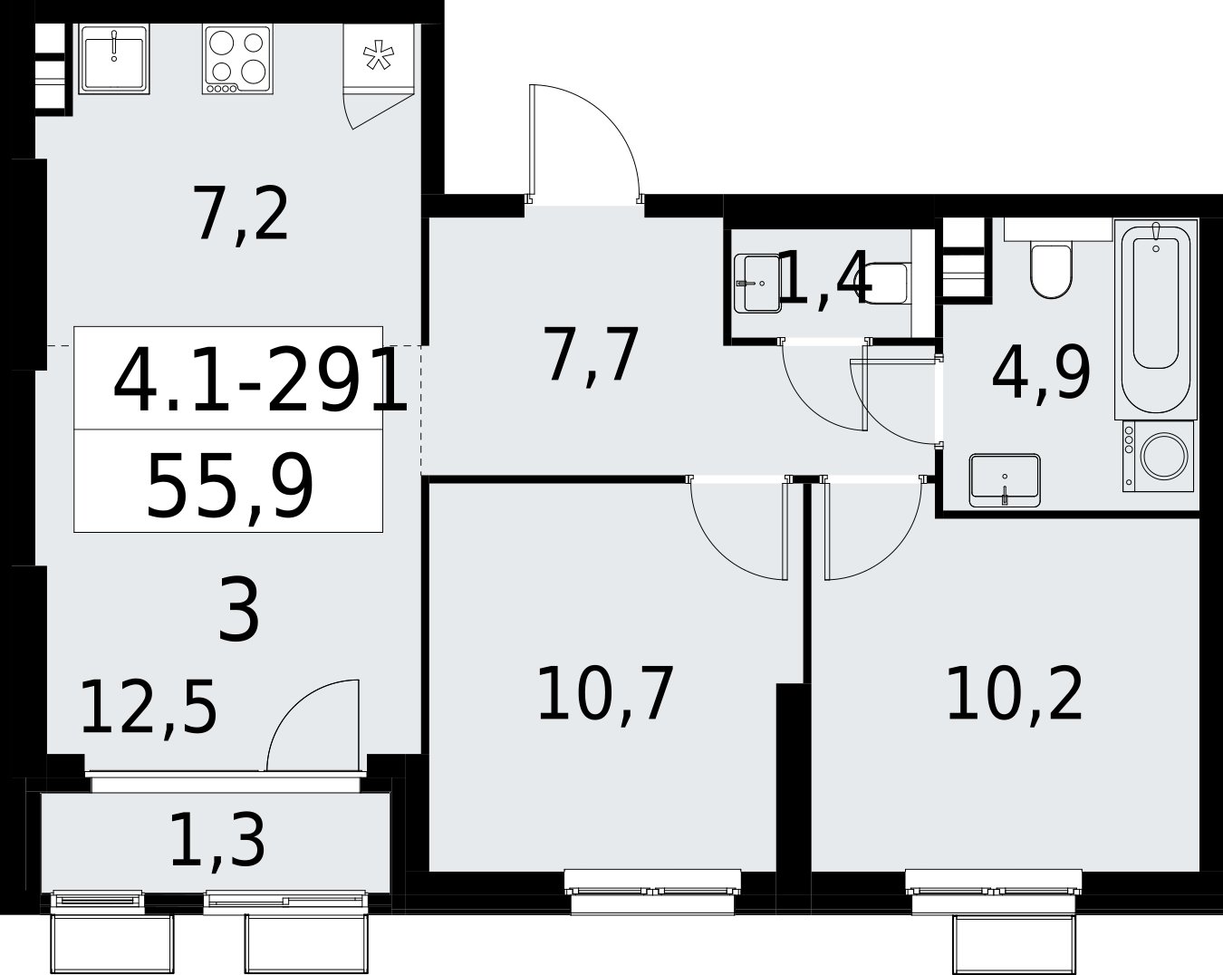 3-комнатная квартира (евро) с полной отделкой, 55.9 м2, 6 этаж, сдача 2 квартал 2027 г., ЖК Южные сады, корпус 4.1.2 - объявление 2392799 - фото №1