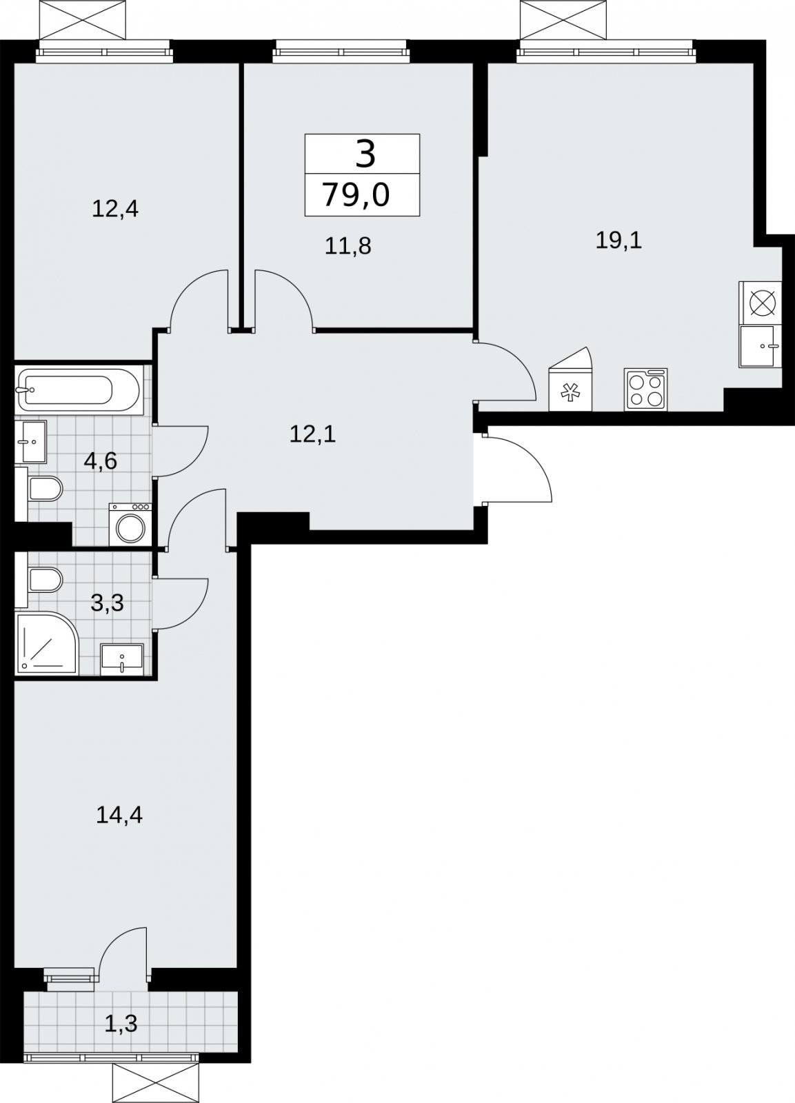 3-комнатная квартира без отделки, 79 м2, 3 этаж, сдача 2 квартал 2026 г., ЖК Бунинские кварталы, корпус 7.3 - объявление 2313903 - фото №1