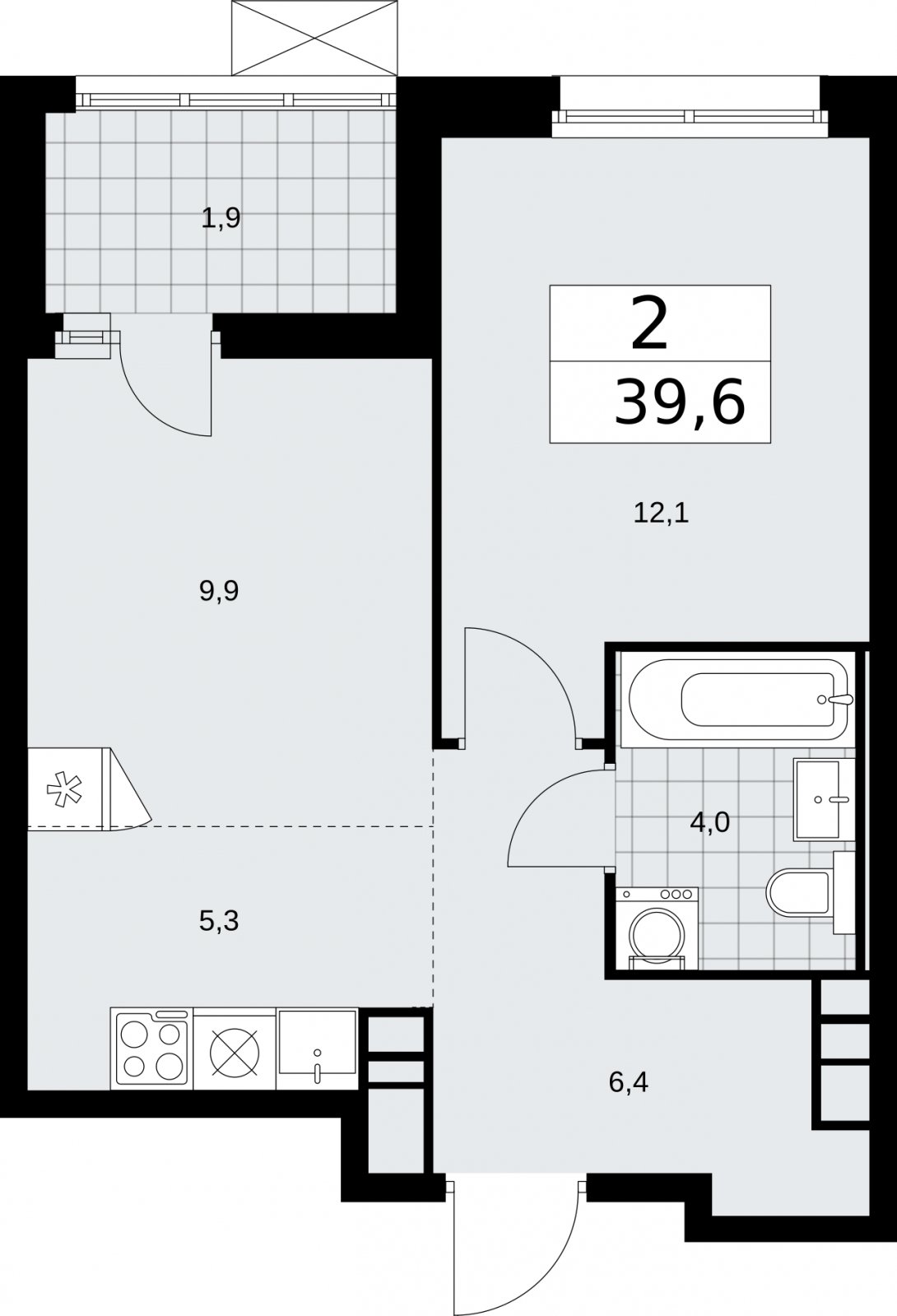 2-комнатная квартира (евро) с частичной отделкой, 39.6 м2, 12 этаж, сдача 2 квартал 2026 г., ЖК Скандинавия, корпус 25.3 - объявление 2283962 - фото №1
