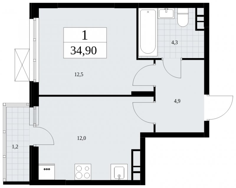 1-комнатная квартира без отделки, 34.9 м2, 9 этаж, сдача 4 квартал 2024 г., ЖК Скандинавия, корпус 35.2.1 - объявление 1840969 - фото №1