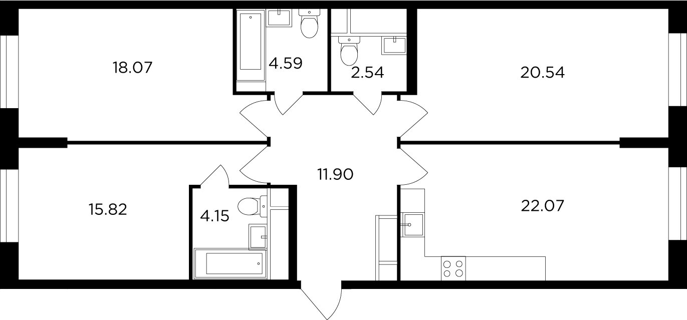 3-комнатная квартира без отделки, 99.68 м2, 18 этаж, дом сдан, ЖК КутузовGRAD 2, корпус 6 - объявление 2317452 - фото №1