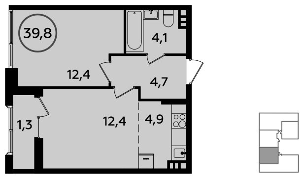 2-комнатная квартира (евро) без отделки, 39.8 м2, 3 этаж, сдача 1 квартал 2023 г., ЖК Прокшино, корпус 3.1 - объявление 1410630 - фото №1