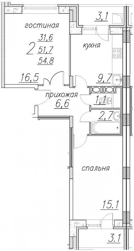2-комнатная квартира с полной отделкой, 54.8 м2, 8 этаж, дом сдан, ЖК Полет Ногинск, корпус 9 - объявление 1702718 - фото №1