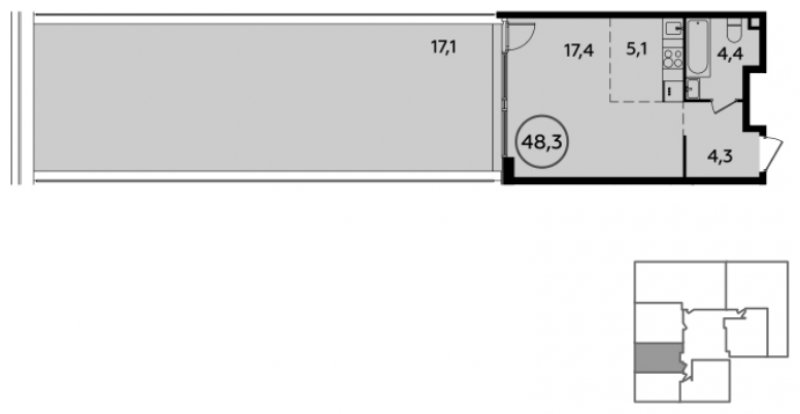 Студия без отделки, 48.7 м2, 2 этаж, сдача 1 квартал 2023 г., ЖК Прокшино, корпус 3.1 - объявление 1940479 - фото №1