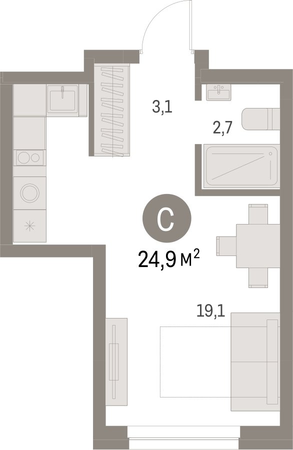 Студия с частичной отделкой, 24.91 м2, 4 этаж, сдача 1 квартал 2025 г., ЖК Первый квартал, корпус 5 - объявление 2310638 - фото №1