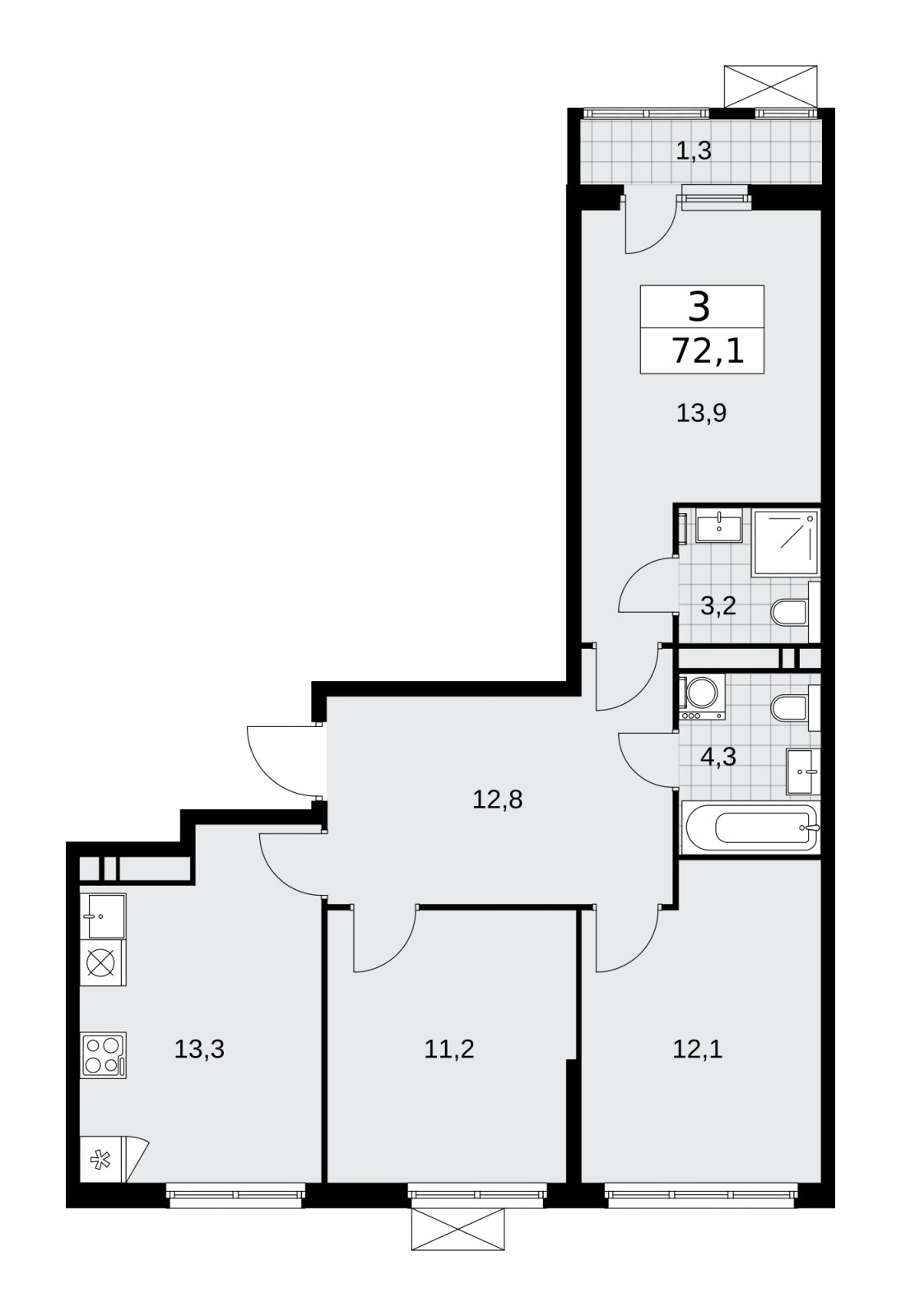 3-комнатная квартира без отделки, 72.1 м2, 12 этаж, сдача 1 квартал 2026 г., ЖК Прокшино, корпус 11.2.1 - объявление 2269826 - фото №1
