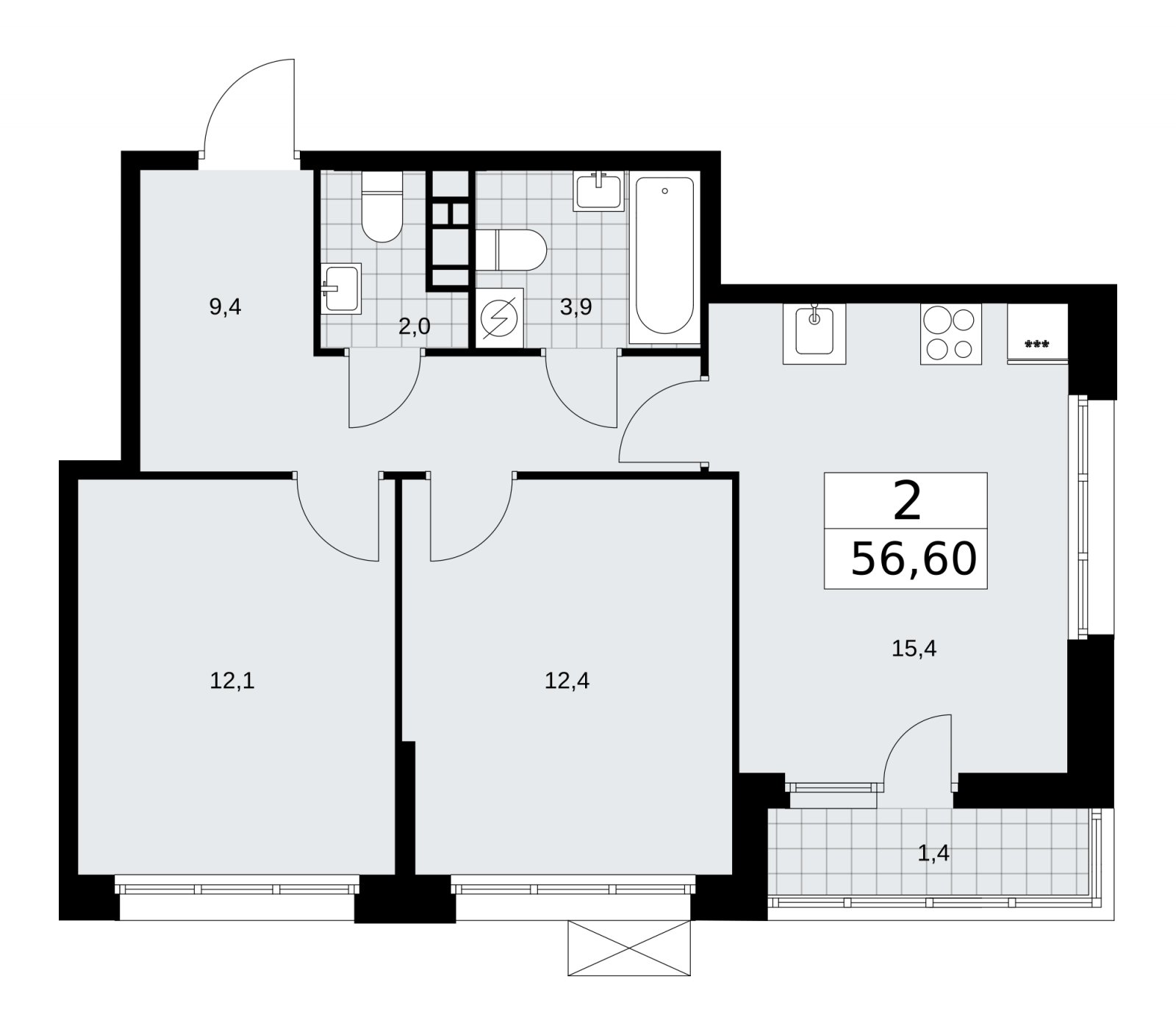 2-комнатная квартира с частичной отделкой, 56.6 м2, 5 этаж, сдача 4 квартал 2025 г., ЖК Бунинские кварталы, корпус 3.4 - объявление 2152087 - фото №1