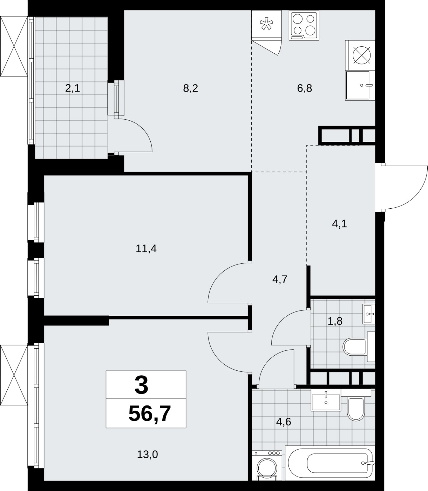 3-комнатная квартира (евро) без отделки, 56.7 м2, 7 этаж, сдача 4 квартал 2026 г., ЖК Скандинавия, корпус 2.18.1.1 - объявление 2350597 - фото №1