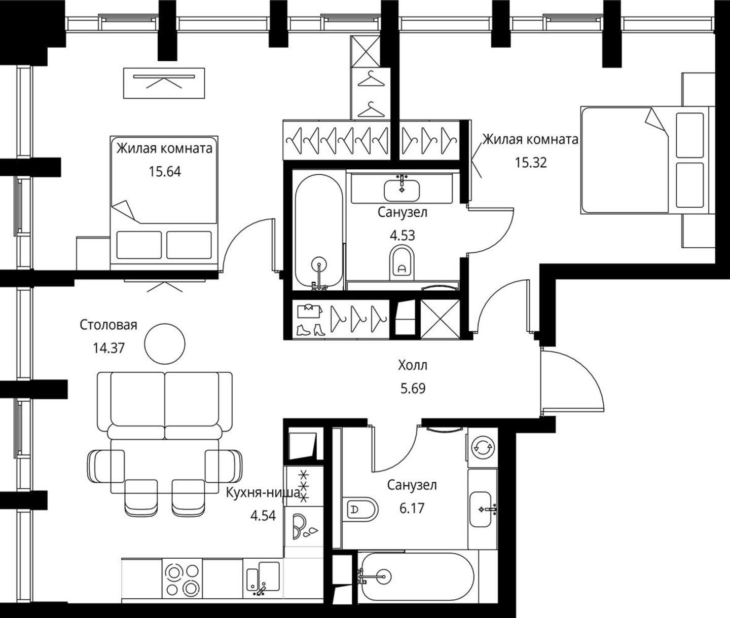 2-комнатная квартира с частичной отделкой, 66.26 м2, 3 этаж, сдача 3 квартал 2026 г., ЖК City Bay, корпус North Ocean 10 - объявление 2240559 - фото №1