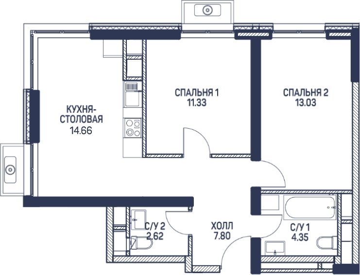 2-комнатная квартира с частичной отделкой, 53.9 м2, 5 этаж, дом сдан, ЖК Любовь и Голуби, корпус 2 - объявление 2090873 - фото №1
