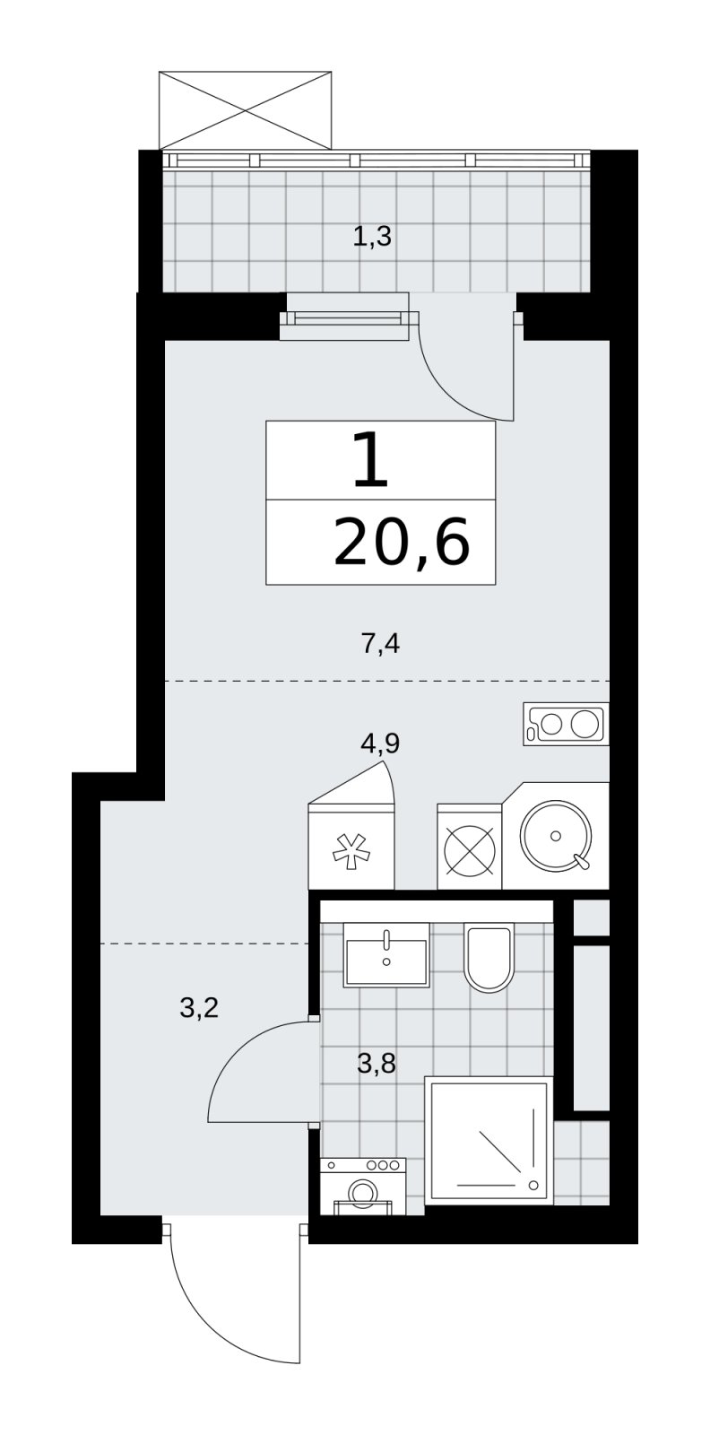 Студия с частичной отделкой, 20.6 м2, 7 этаж, сдача 2 квартал 2026 г., ЖК Прокшино, корпус 11.2.3 - объявление 2270519 - фото №1