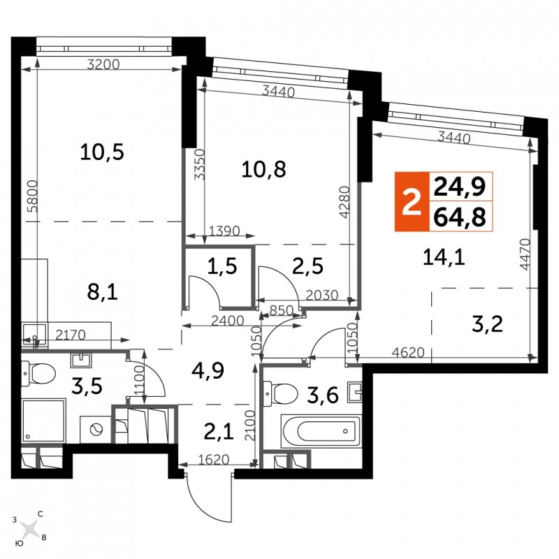 2-комнатная квартира с частичной отделкой, 64.8 м2, 29 этаж, сдача 4 квартал 2024 г., ЖК ROTTERDAM, корпус 2.1 - объявление 1943064 - фото №1