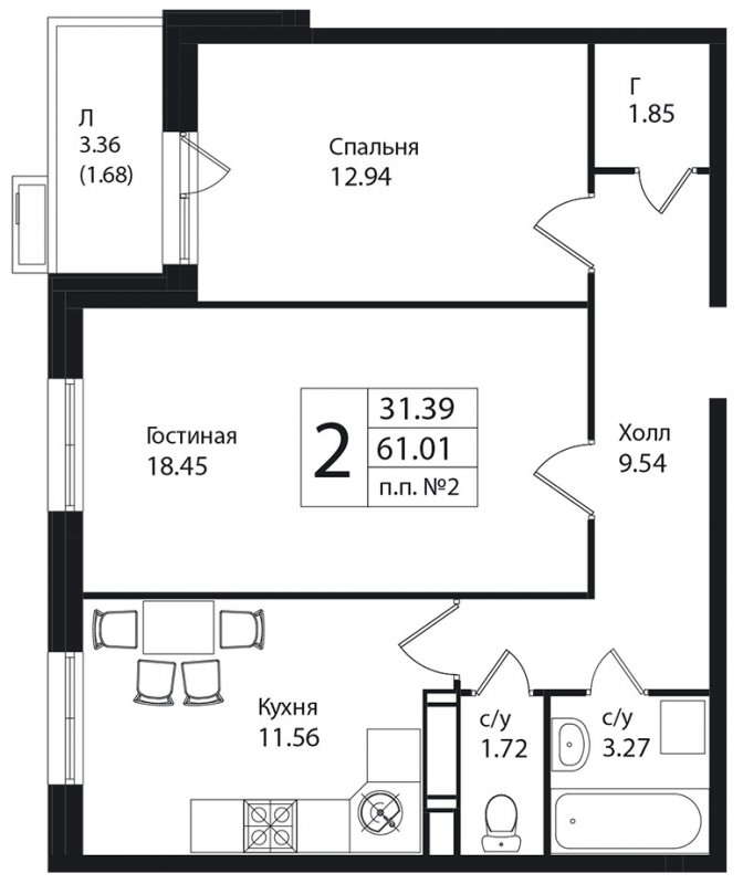2-комнатная квартира с частичной отделкой, 60.5 м2, 3 этаж, дом сдан, ЖК Кленовые Аллеи, корпус 3 - объявление 1527646 - фото №1