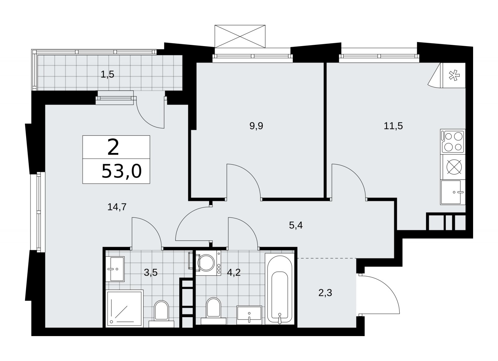 2-комнатная квартира с частичной отделкой, 53 м2, 18 этаж, сдача 1 квартал 2026 г., ЖК Прокшино, корпус 11.1.3 - объявление 2257450 - фото №1