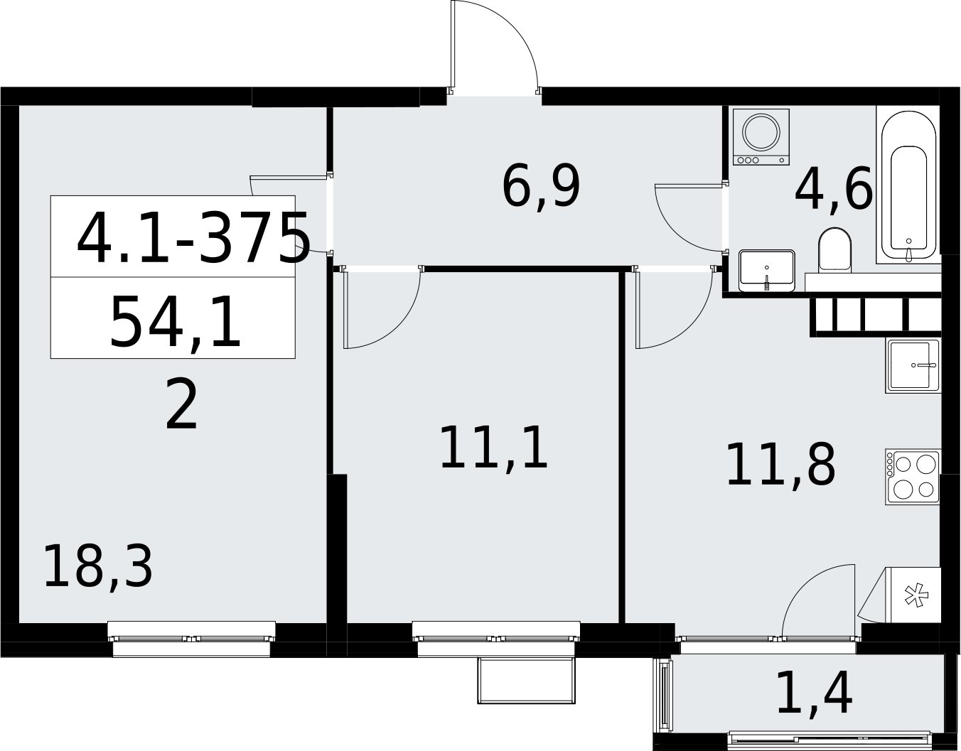 2-комнатная квартира с полной отделкой, 54.1 м2, 23 этаж, сдача 2 квартал 2027 г., ЖК Южные сады, корпус 4.1.2 - объявление 2392881 - фото №1