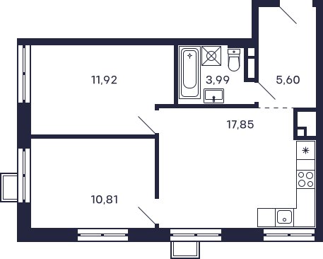 2-комнатная квартира с частичной отделкой, 50.17 м2, 25 этаж, сдача 2 квартал 2026 г., ЖК Квартал Тетрис, корпус С-2.2 - объявление 2267053 - фото №1