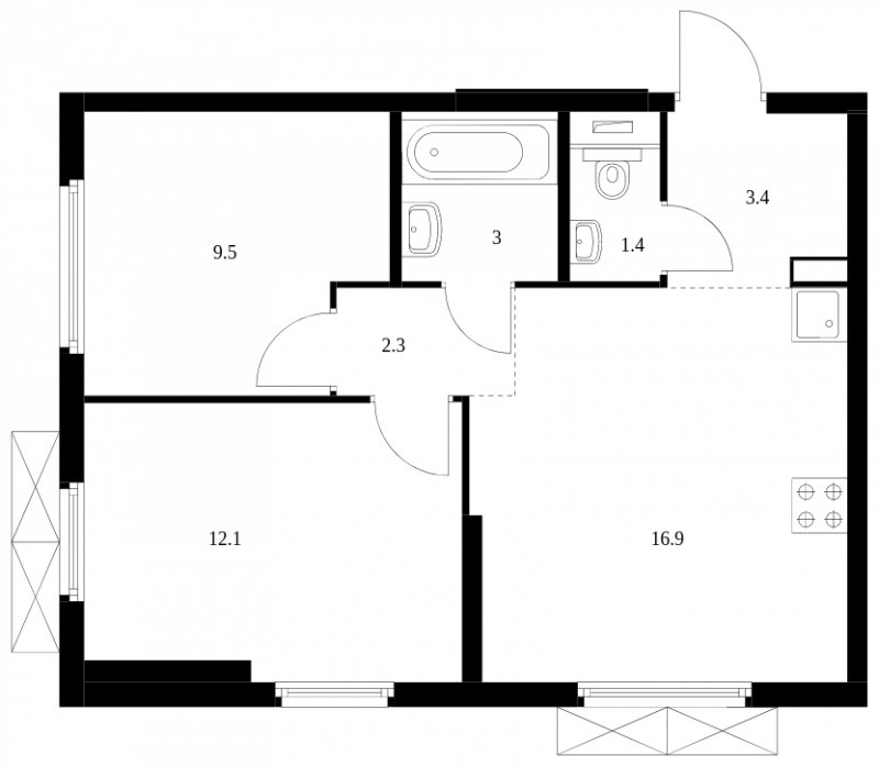 2-комнатная квартира с полной отделкой, 48.1 м2, 32 этаж, сдача 3 квартал 2024 г., ЖК Руставели 14, корпус 2.3 - объявление 1937322 - фото №1
