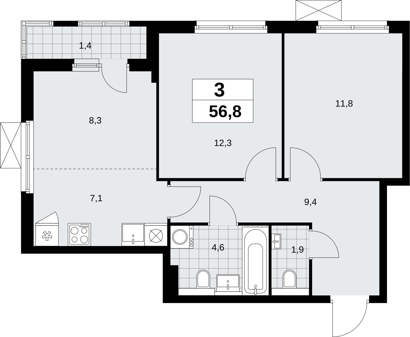 3-комнатная квартира (евро) без отделки, 56.8 м2, 9 этаж, сдача 2 квартал 2026 г., ЖК Бунинские кварталы, корпус 9.1 - объявление 2323511 - фото №1