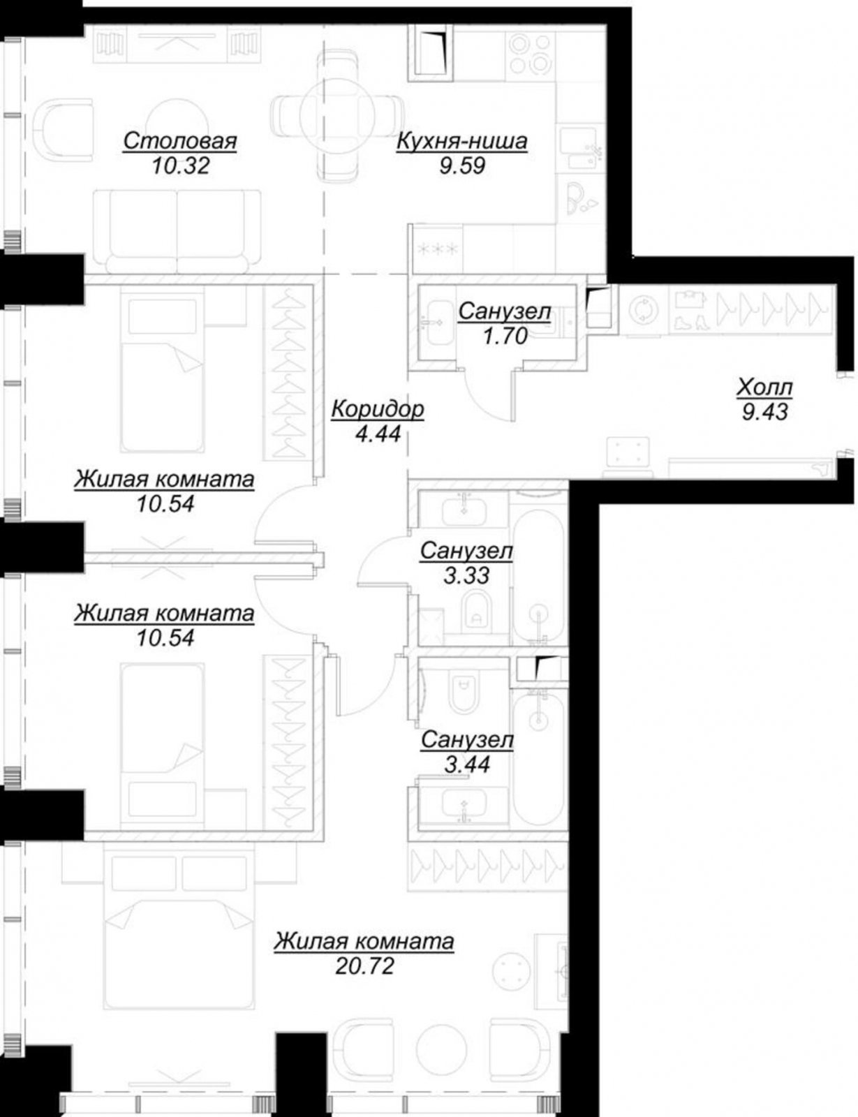 3-комнатная квартира с частичной отделкой, 83.84 м2, 7 этаж, сдача 4 квартал 2024 г., ЖК MOD, корпус Dreiser - объявление 2192599 - фото №1