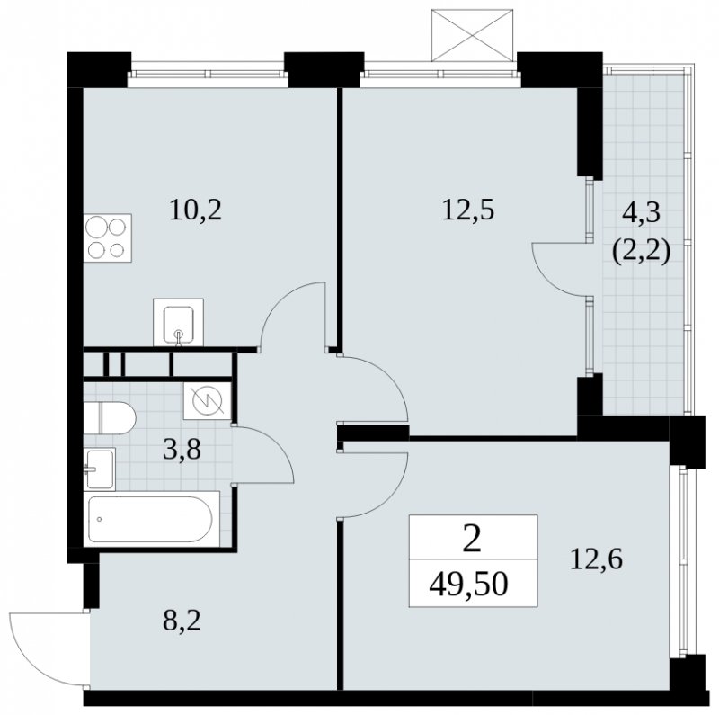 2-комнатная квартира с частичной отделкой, 49.5 м2, 9 этаж, сдача 4 квартал 2024 г., ЖК Скандинавия, корпус 2.27.1 - объявление 1840237 - фото №1
