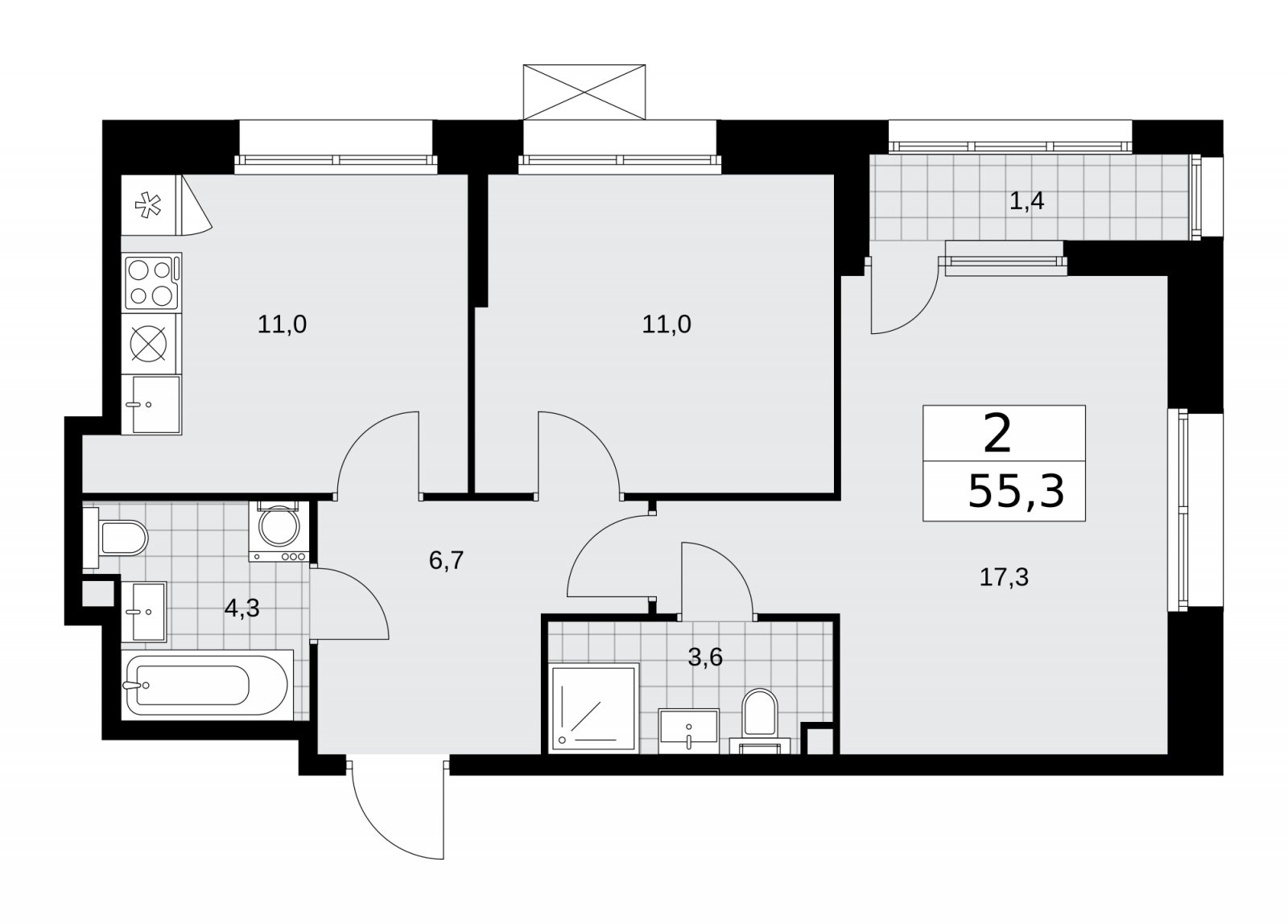 2-комнатная квартира без отделки, 55.3 м2, 2 этаж, сдача 4 квартал 2025 г., ЖК Бунинские кварталы, корпус 6.4 - объявление 2252704 - фото №1