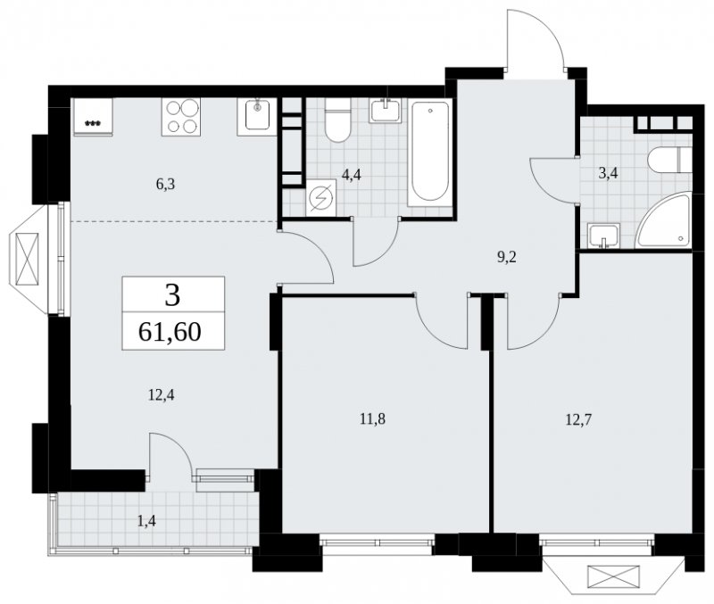 3-комнатная квартира (евро) с полной отделкой, 61.6 м2, 7 этаж, сдача 2 квартал 2025 г., ЖК Бунинские кварталы, корпус 1.2 - объявление 1834499 - фото №1