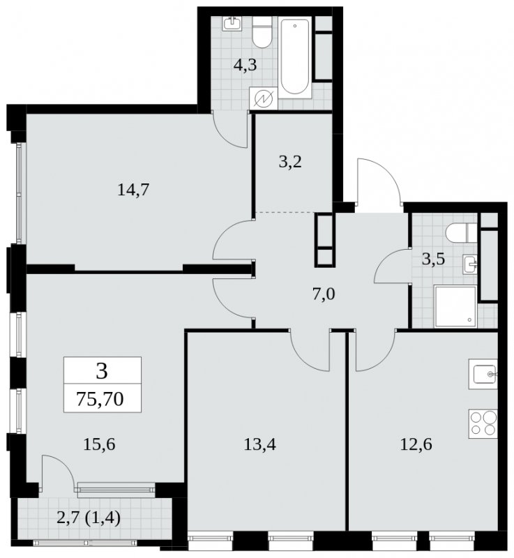 3-комнатная квартира с частичной отделкой, 75.7 м2, 22 этаж, сдача 2 квартал 2025 г., ЖК Южные сады, корпус 2.1 - объявление 1760046 - фото №1