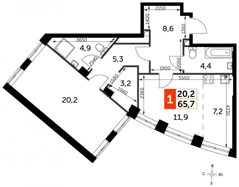 1-комнатная квартира с частичной отделкой, 65.7 м2, 15 этаж, сдача 3 квартал 2024 г., ЖК Sydney City, корпус 2.2 - объявление 1608182 - фото №1