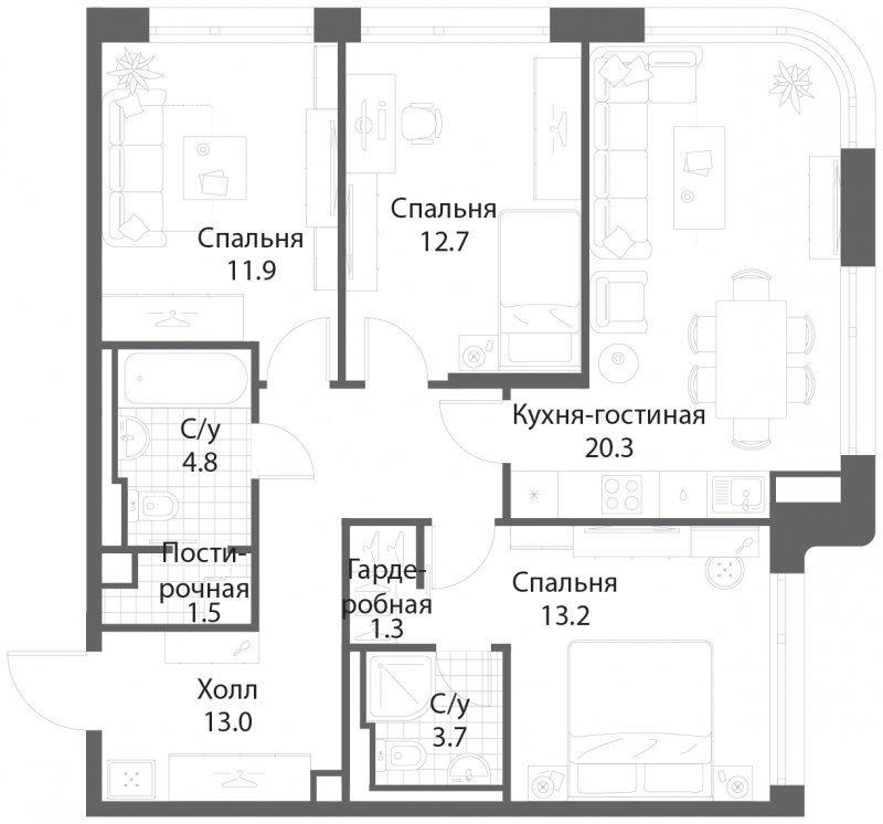 3-комнатная квартира без отделки, 82.4 м2, 23 этаж, сдача 3 квартал 2025 г., ЖК Nagatino i-Land, корпус 2 (3 очередь) - объявление 1841259 - фото №1