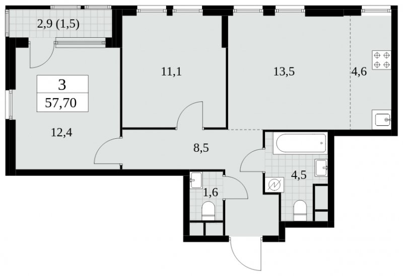3-комнатная квартира (евро) без отделки, 57.7 м2, 11 этаж, сдача 2 квартал 2025 г., ЖК Южные сады, корпус 2.4 - объявление 1760462 - фото №1