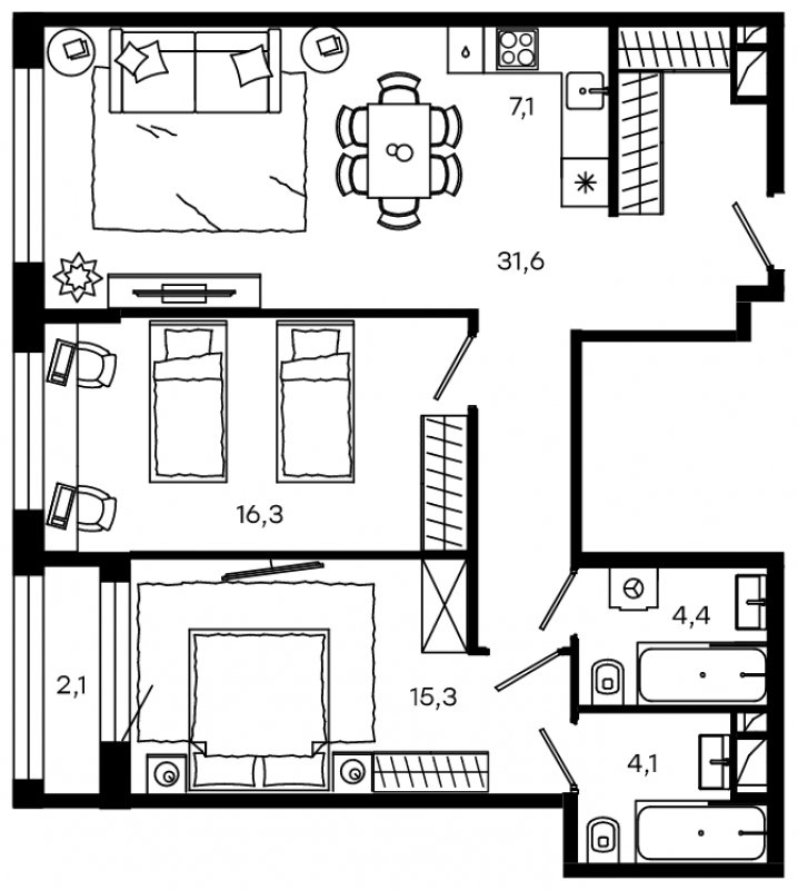 3-комнатные апартаменты с частичной отделкой, 79.9 м2, 11 этаж, дом сдан, ЖК Level Донской, корпус 2 - объявление 1586692 - фото №1