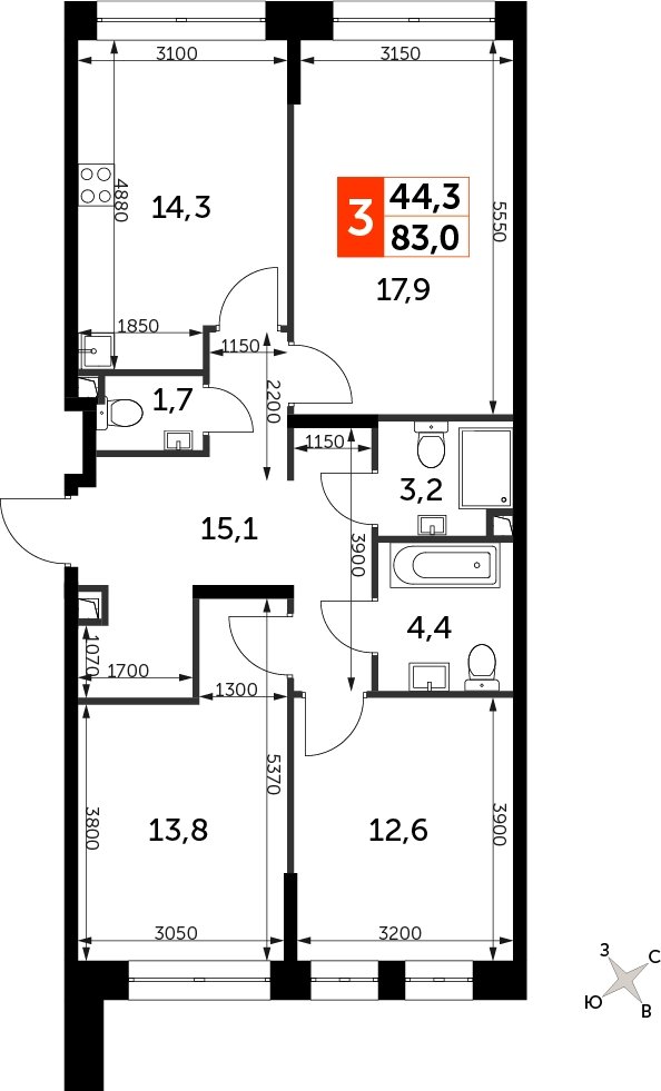 3-комнатная квартира с полной отделкой, 83 м2, 18 этаж, сдача 3 квартал 2024 г., ЖК Sydney City, корпус 2.1 - объявление 2207313 - фото №1