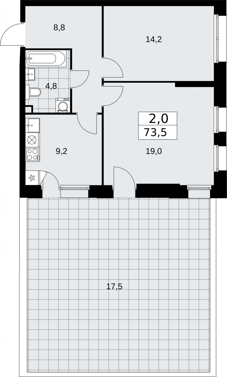 2-комнатная квартира без отделки, 73.5 м2, 2 этаж, сдача 4 квартал 2025 г., ЖК Бунинские кварталы, корпус 6.5 - объявление 2334160 - фото №1
