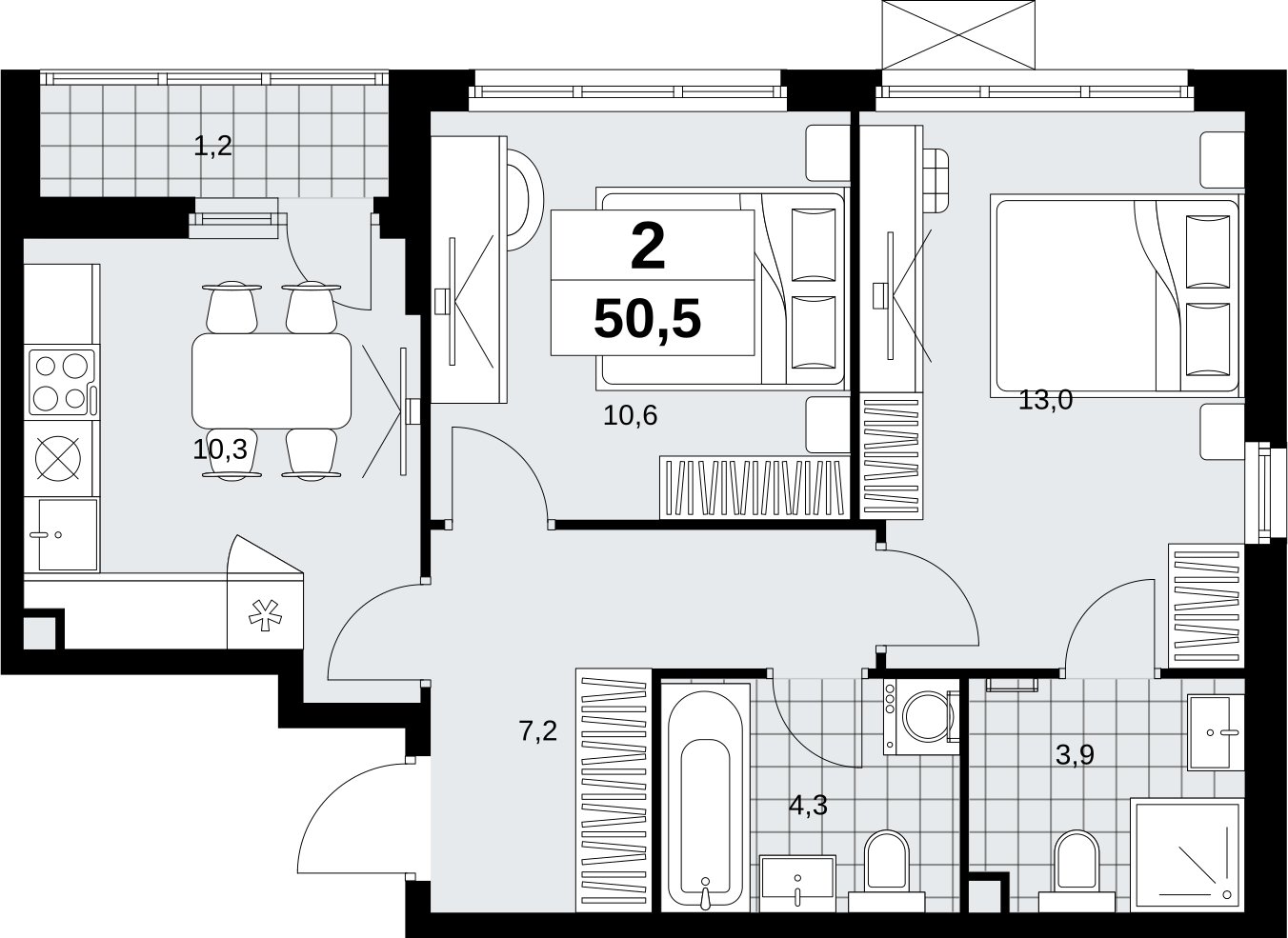 2-комнатная квартира без отделки, 50.5 м2, 2 этаж, сдача 4 квартал 2026 г., ЖК Скандинавия, корпус 2.18.2.5 - объявление 2351646 - фото №1