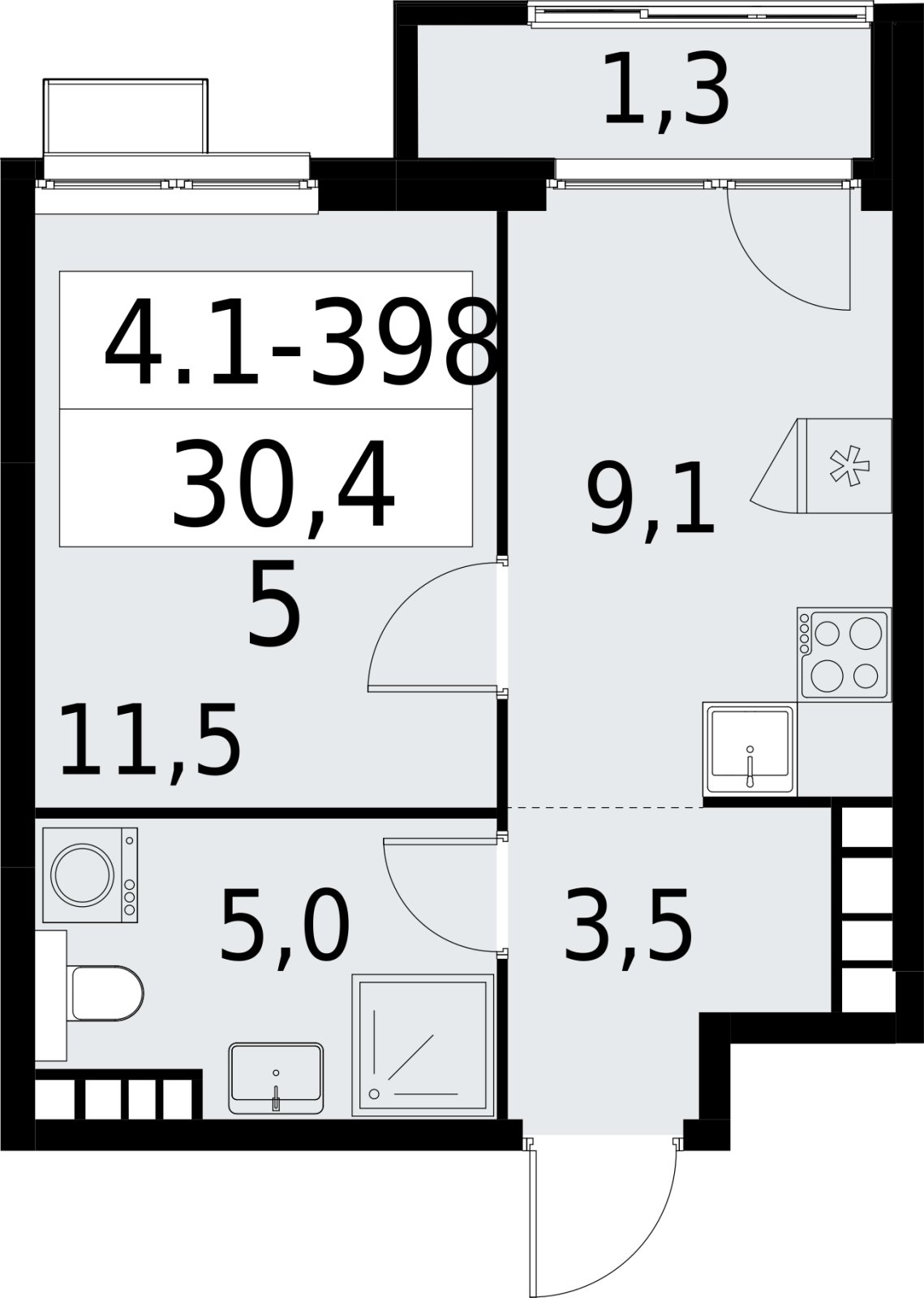 1-комнатная квартира с полной отделкой, 30.4 м2, 27 этаж, сдача 2 квартал 2027 г., ЖК Южные сады, корпус 4.1.2 - объявление 2392904 - фото №1