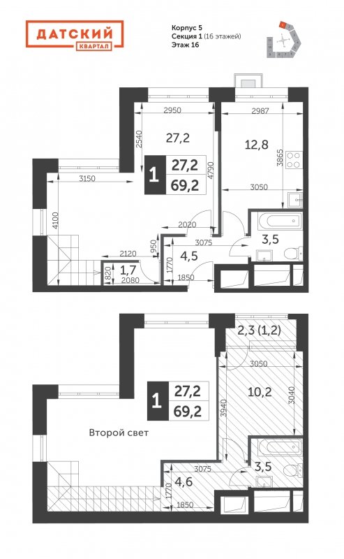 1-комнатная квартира без отделки, 69.2 м2, 16 этаж, сдача 2 квартал 2022 г., ЖК Датский квартал, корпус 5 - объявление 1229025 - фото №1