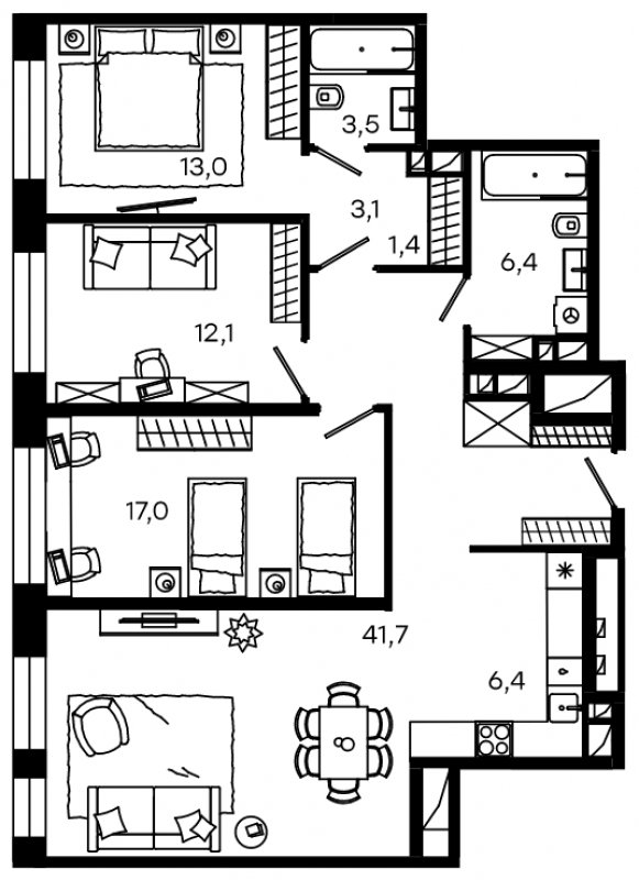 4-комнатные апартаменты без отделки, 104.6 м2, 5 этаж, дом сдан, ЖК Level Донской, корпус 1 - объявление 1457664 - фото №1