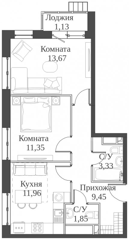 2-комнатная квартира с частичной отделкой, 52.74 м2, 16 этаж, сдача 2 квартал 2023 г., ЖК Аквилон Митино, корпус 4 - объявление 1651782 - фото №1