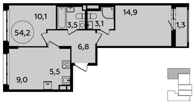 3-комнатная квартира (евро) с полной отделкой, 54.2 м2, 8 этаж, сдача 2 квартал 2024 г., ЖК Испанские кварталы, корпус 8.1 - объявление 1633471 - фото №1