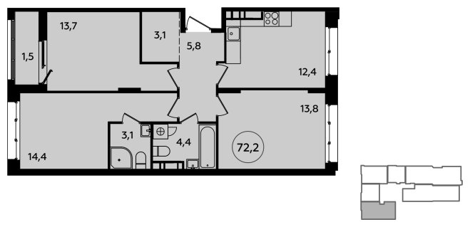 3-комнатная квартира без отделки, 72.2 м2, 10 этаж, сдача 4 квартал 2023 г., ЖК Скандинавия, корпус 23.6 - объявление 1514860 - фото №1
