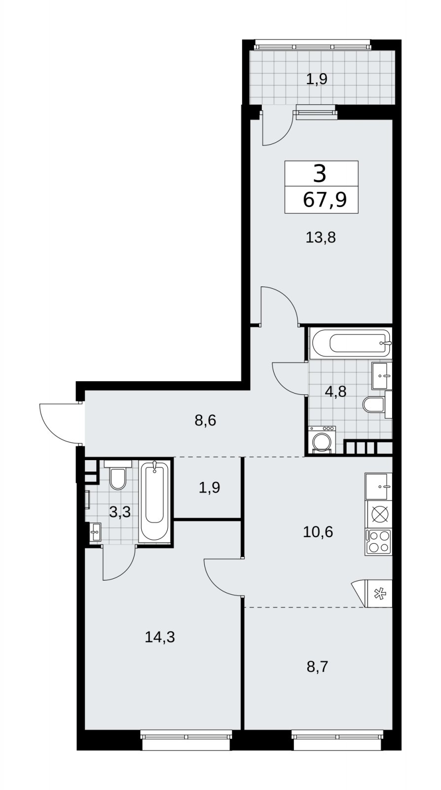 3-комнатная квартира (евро) с частичной отделкой, 67.9 м2, 3 этаж, сдача 2 квартал 2026 г., ЖК Дзен-кварталы, корпус 4.1 - объявление 2251407 - фото №1