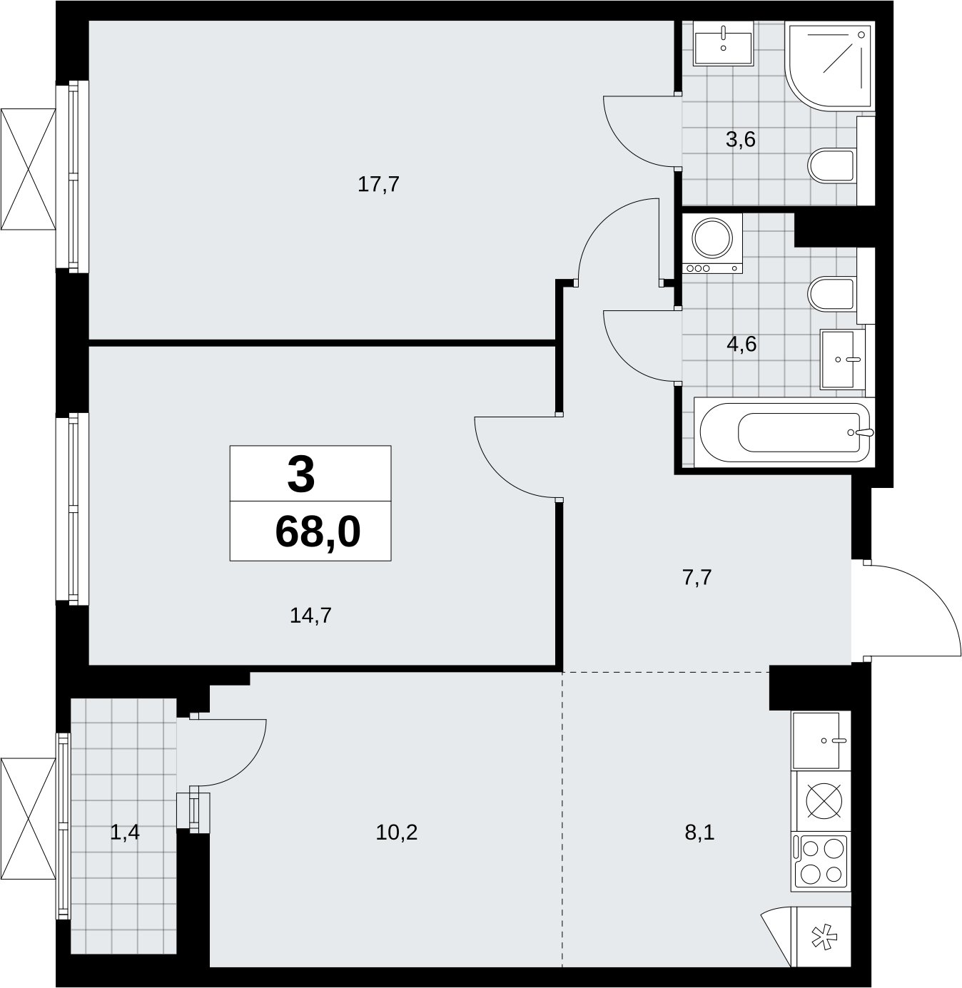 3-комнатная квартира (евро) без отделки, 68 м2, 10 этаж, сдача 2 квартал 2026 г., ЖК Бунинские кварталы, корпус 9.2 - объявление 2324244 - фото №1
