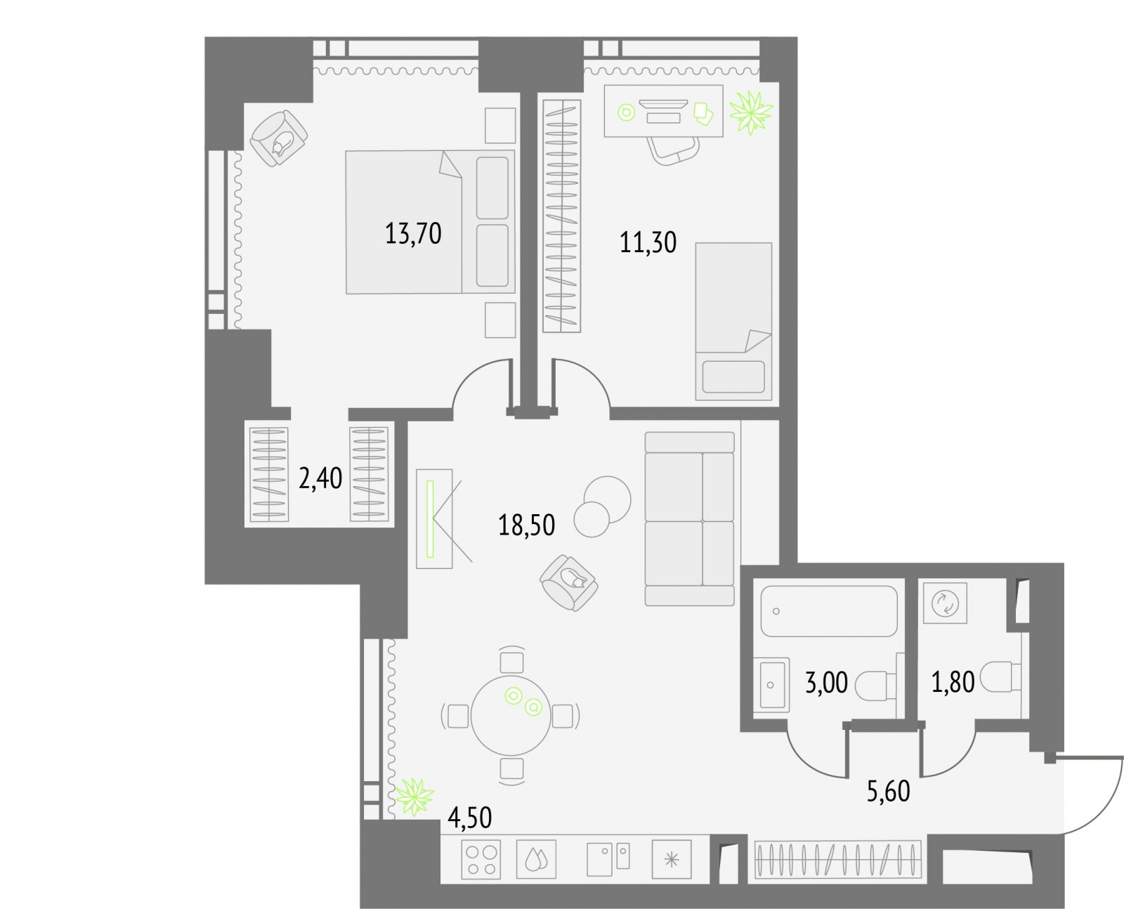 2-комнатная квартира без отделки, 60.8 м2, 4 этаж, сдача 2 квартал 2026 г., ЖК Upside Towers, корпус 1 - объявление 2343359 - фото №1