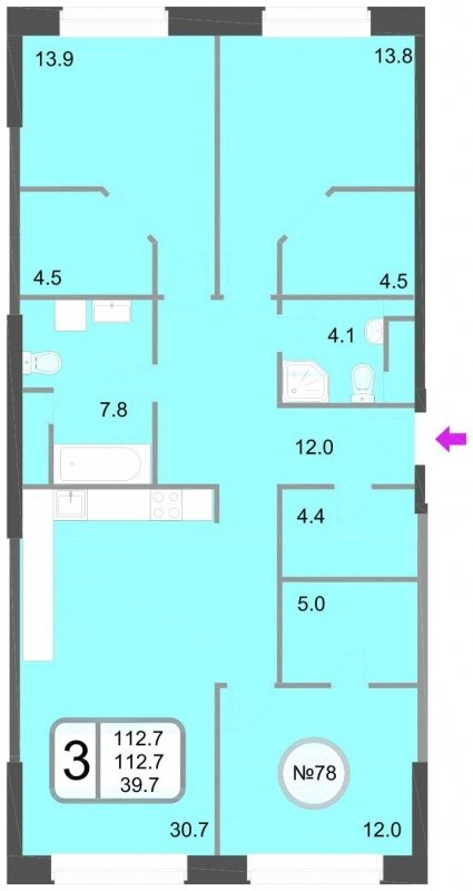 3-комнатная квартира без отделки, 112.7 м2, 6 этаж, дом сдан, ЖК Хорошевский, корпус 1 - объявление 1067726 - фото №1