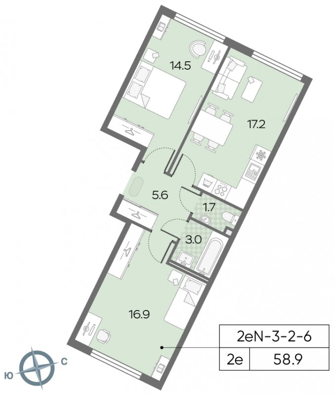 2-комнатная квартира с полной отделкой, 53.1 м2, 19 этаж, сдача 3 квартал 2024 г., ЖК Лучи, корпус 15 - объявление 1967358 - фото №1