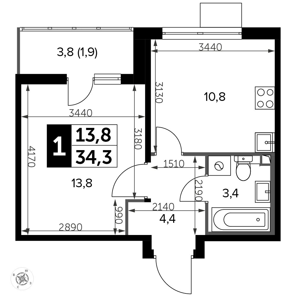 1-комнатная квартира с полной отделкой, 34.3 м2, 12 этаж, дом сдан, ЖК Южная Битца, корпус 12 - объявление 2288017 - фото №1