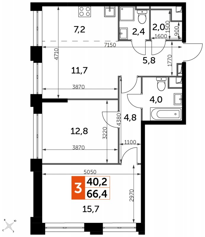 3-комнатная квартира с частичной отделкой, 66.4 м2, 31 этаж, сдача 1 квартал 2023 г., ЖК Sydney City, корпус 3 - объявление 1664158 - фото №1
